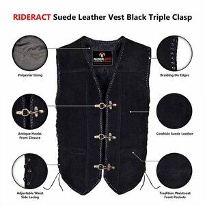 RIDERACT® Motorcycle Leather Vest Rider Black Vest For Men Leather Vest